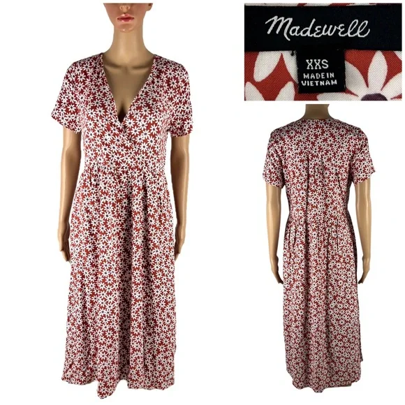 Madewell Clara Midi Dress XXS Falling Daisies Russet Orange Floral NA239 EUC